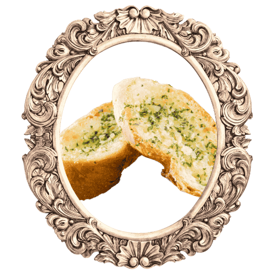 Garlic bread in an ornate frame