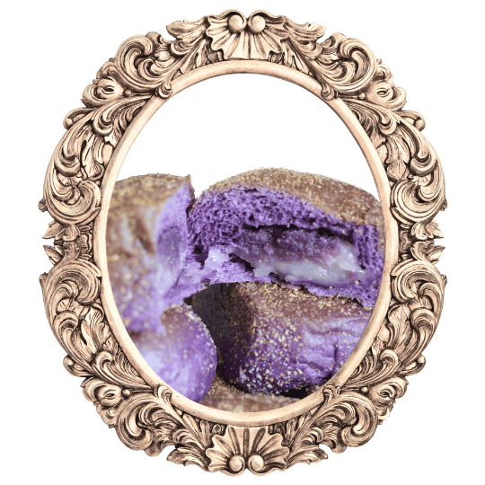 Ube cheese pandesal in an ornate frame