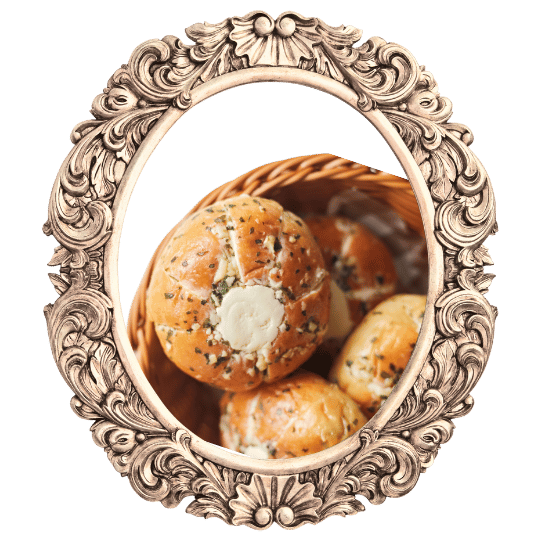 Korean garlic cream cheese bread in an ornate frame