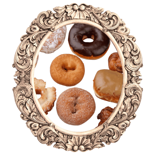 Assorted donuts in an ornate frame